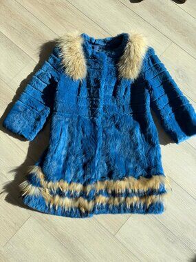Royal Blue Fur Coat with Fur Collar - Tagged XXL Fits S